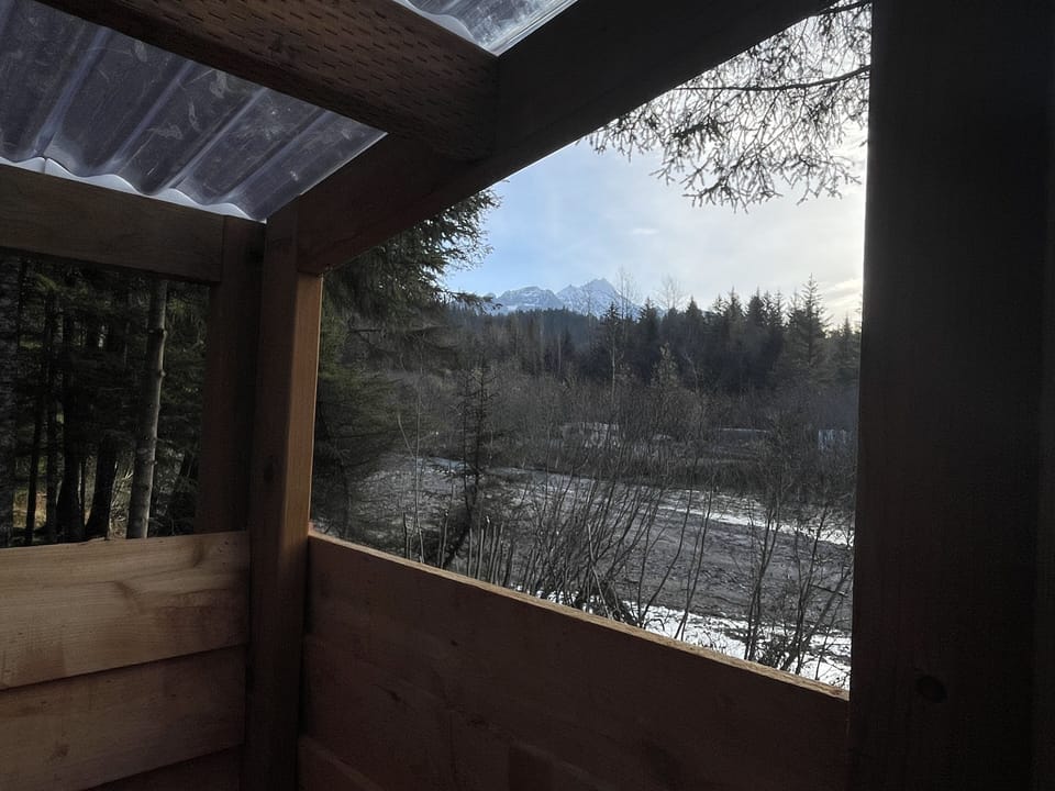 Shower with a view of Mt. Alice. 