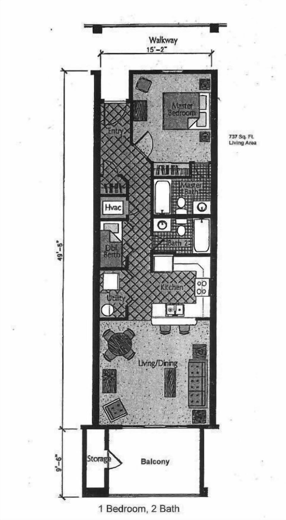 This floor plan showcases a well-designed 1-bedroom, 2-bath layout with a spacious living area and convenient kitchen access