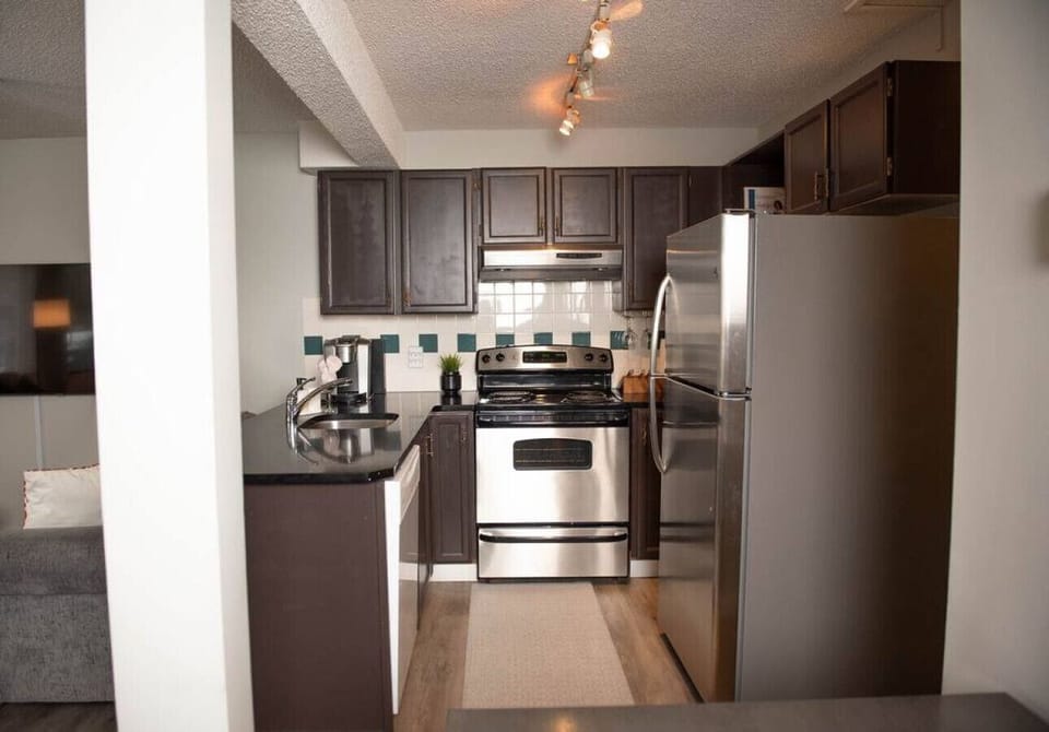 Fully stocked kitchen with stove, oven, fridge, dishwasher, microwave, etc.
