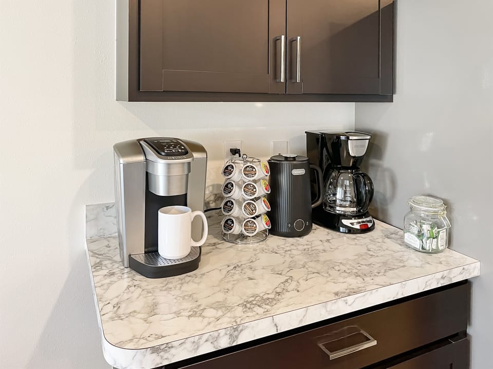 [Kitchen] Coffee bar: Keurig, drip maker, and electric kettle with K-cups on us