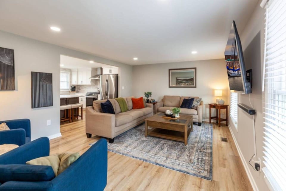 Welcome to the open living room and kitchen space at Liberty Call.