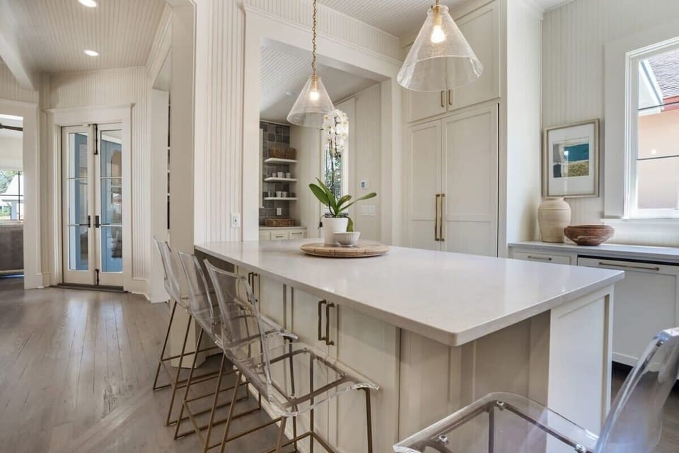 Chefs kitchen with granite countertops & stainless steel appliances
