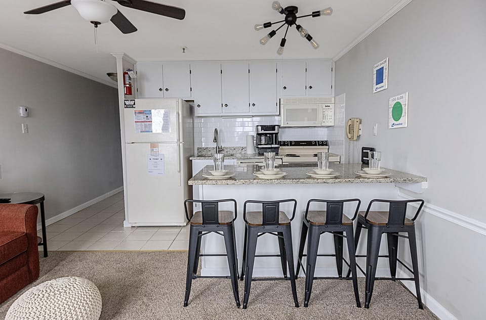 The kitchen island, with seating for four people, is a great gathering place to discuss the day's adventures.
