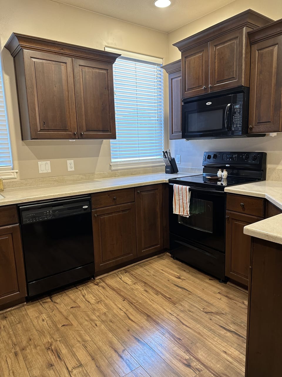 Fully stocked kitchen area with dishwasher, stove, oven, fridge and microwave.