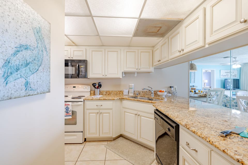 Kitchen is fully stocked, making meal prep a breeze.