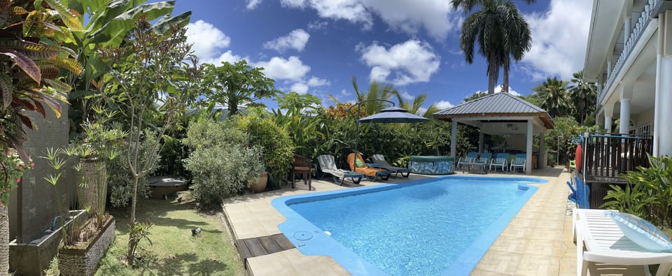 Pool, patio, loungers, outdoor kitchen, seating and dining area