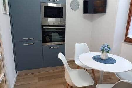 kitchen corner with fridge/freezer/microwave oven and electric oven