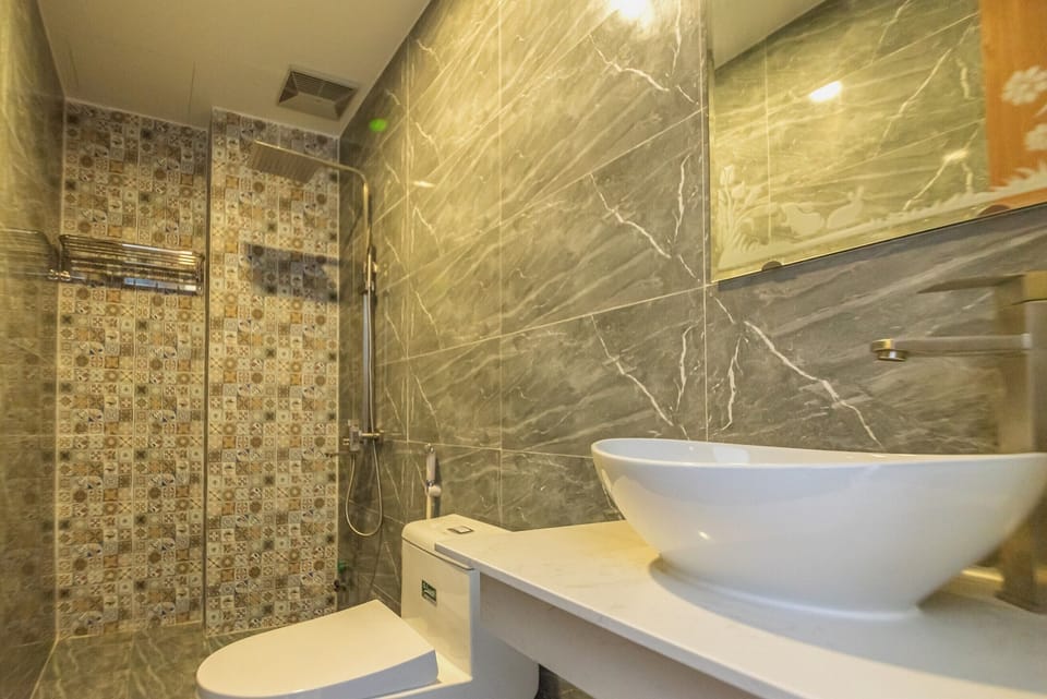 Hair dryer, bidet, towels, toilet paper