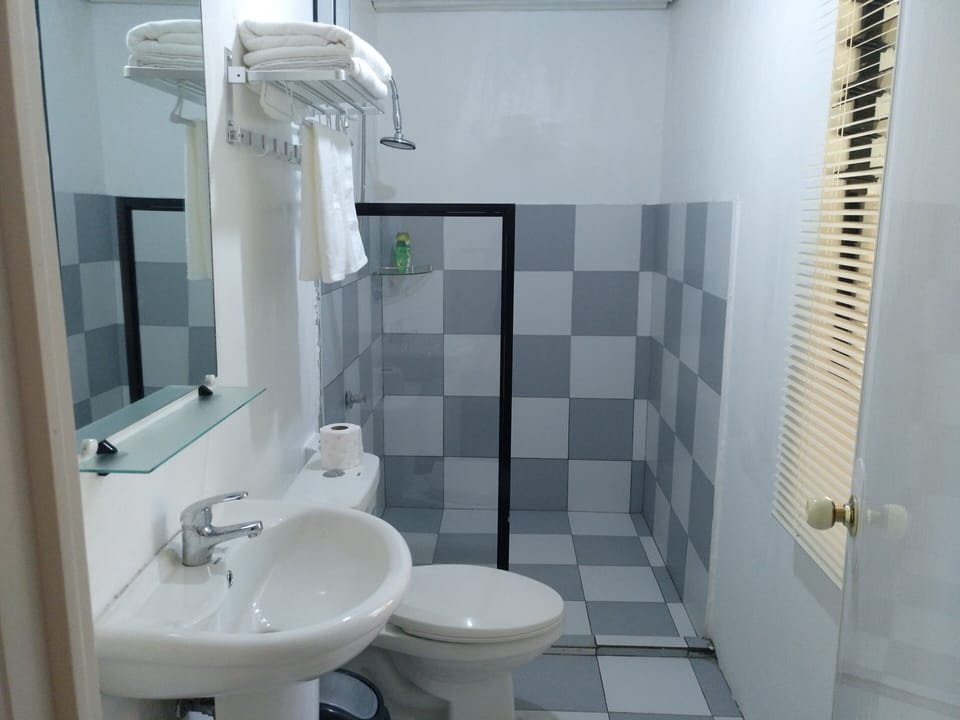 Shower, rainfall showerhead, towels