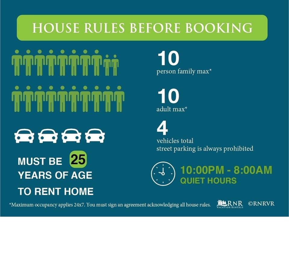 Property house rules displayed clearly for guest reference and booking requirements.