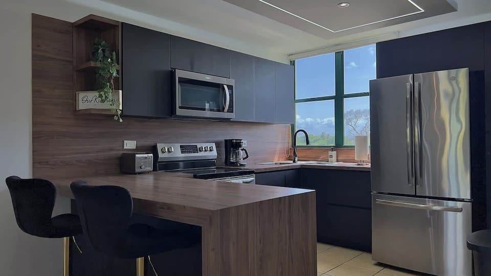 The kitchen features a buffet-style countertop with 2 stools to accommodate 2 more guests.