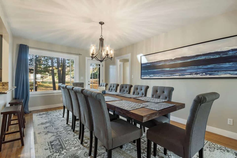 Dining area with stools at counter