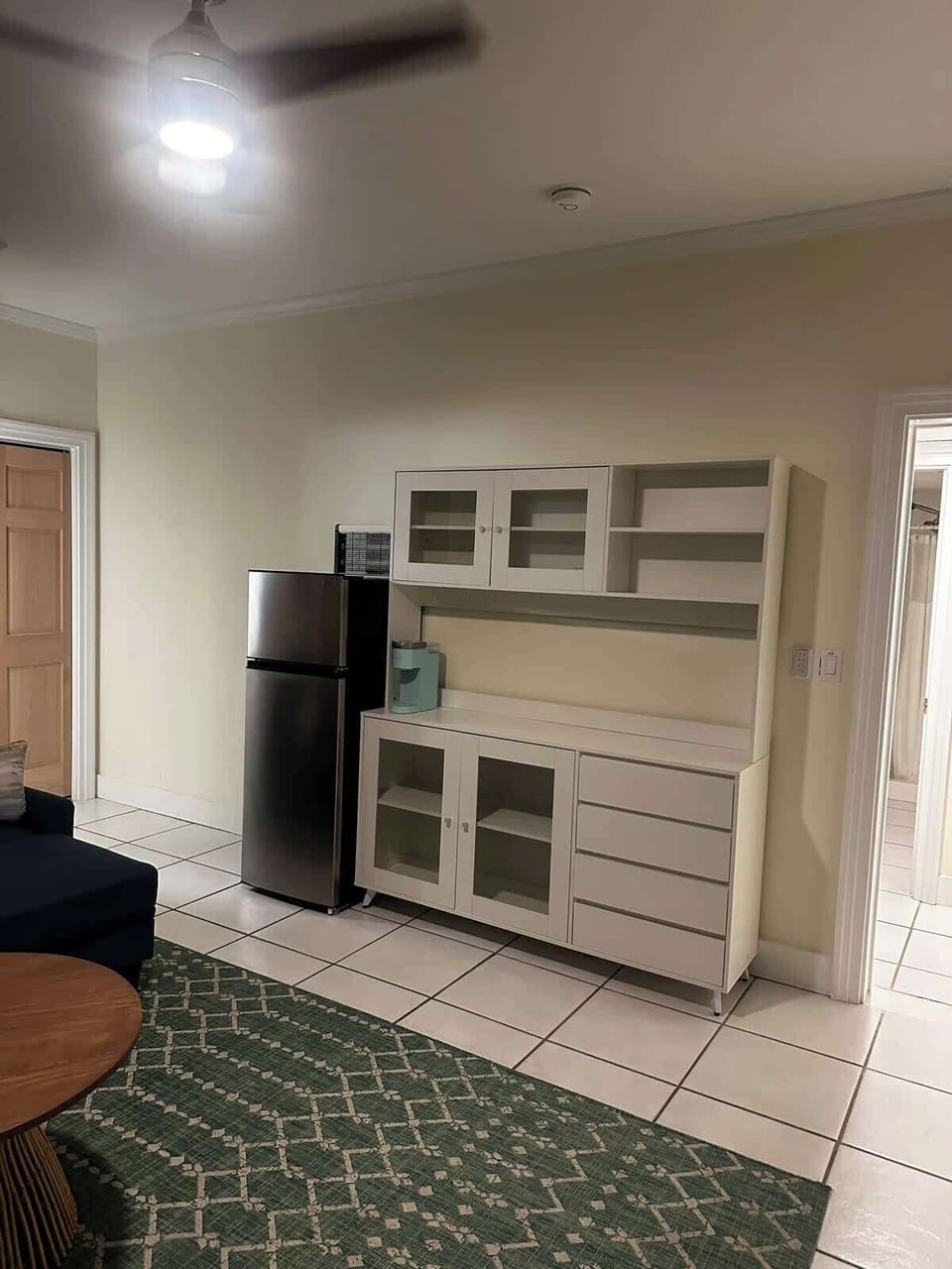 Guest house fridge and kitchenette. Currently has a Keurig and additional items (such as electric stove top, pans, utensils etc) will arrive soon. 