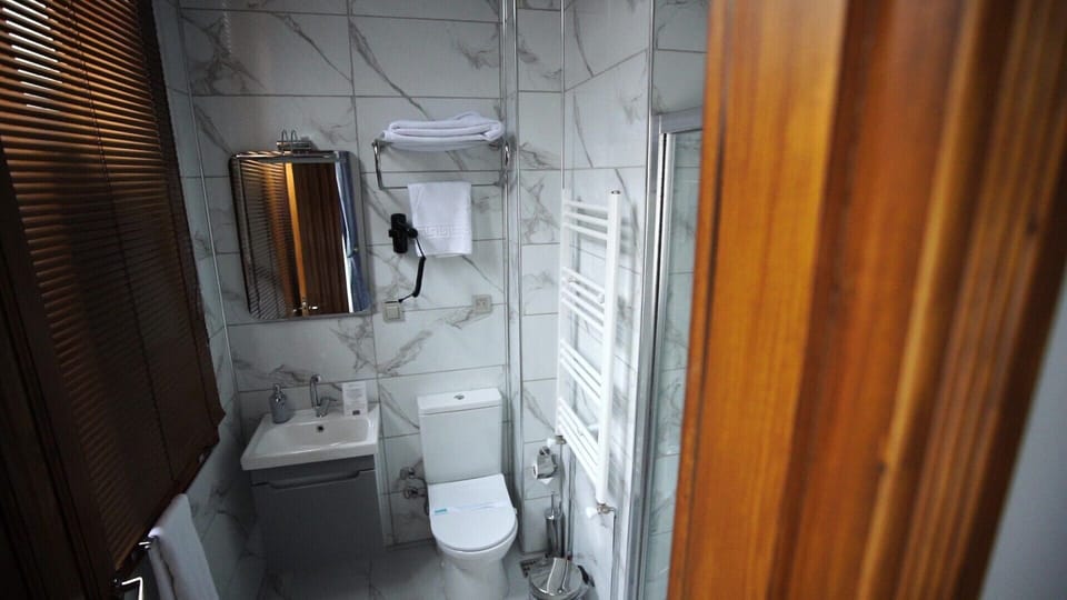 Shower, rainfall showerhead, hair dryer, slippers