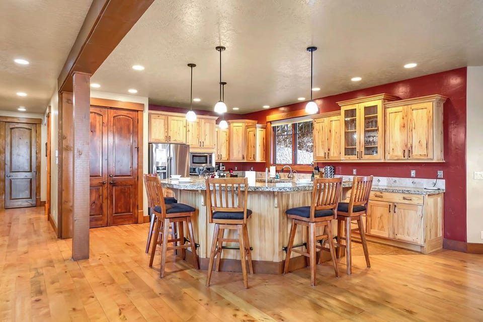 Kitchen island ready for big breakfasts, snack spreads, and group prep.