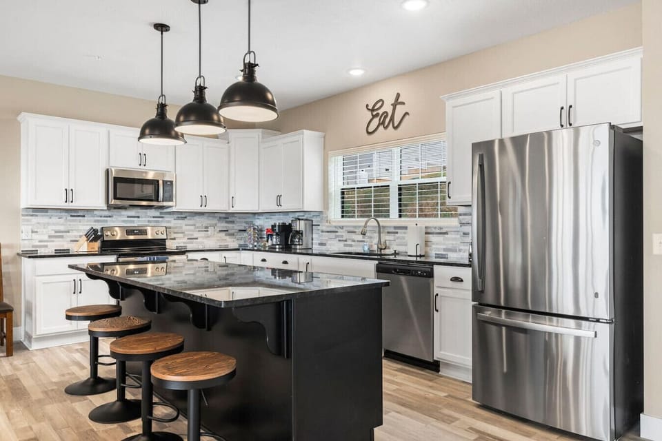 Large kitchen, almost everything you need to cook delicious meals for small or large groups. Stainless steel appliances and lots of counter space.