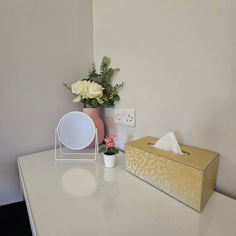 Desk, laptop workspace, blackout drapes, iron/ironing board (on request)