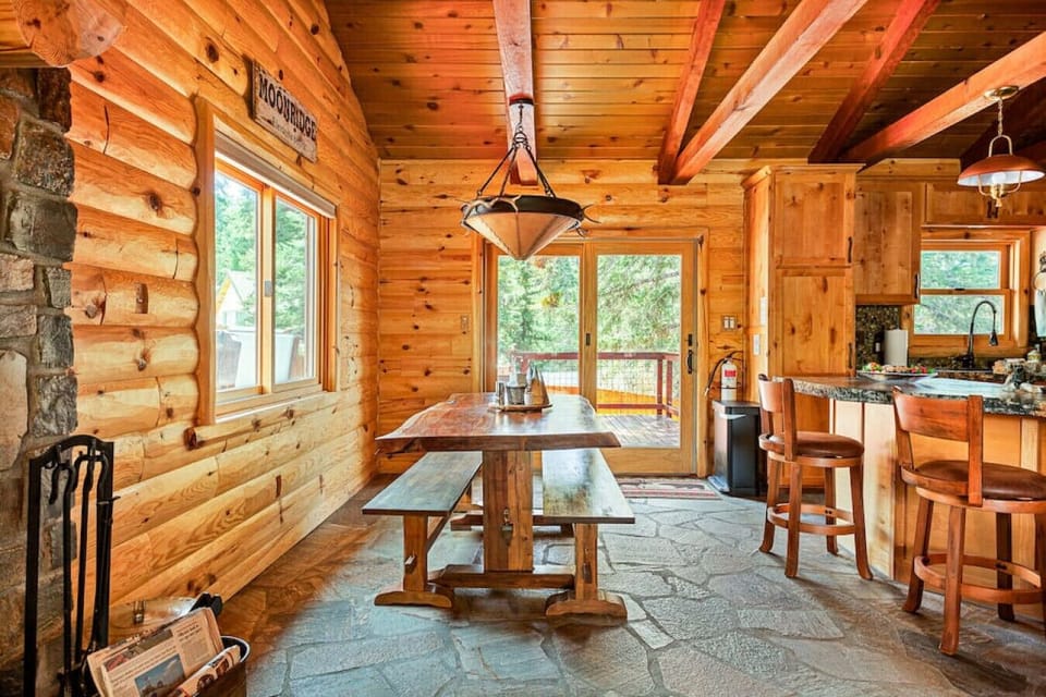 Large bench style dining space is perfect for the whole crew.