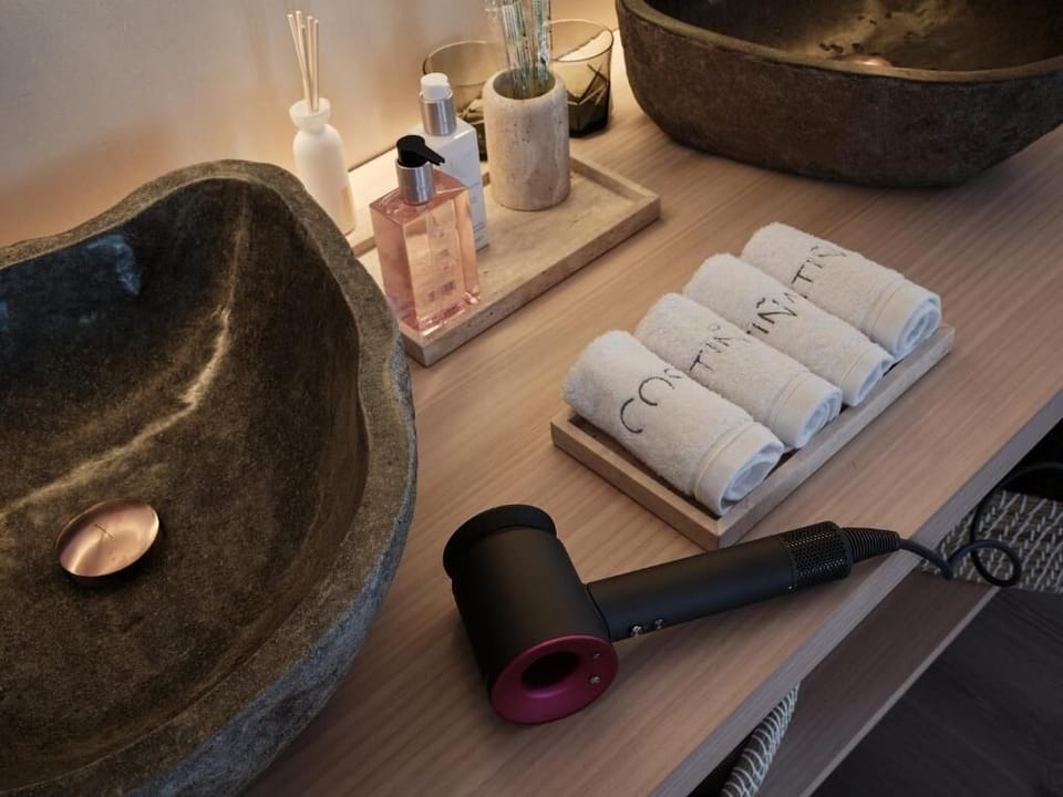 Shower, rainfall showerhead, hair dryer, bathrobes