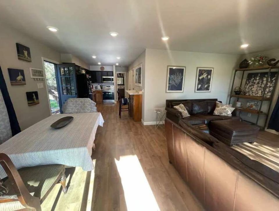 Dining table on left, living room on right, kitchen in back.
