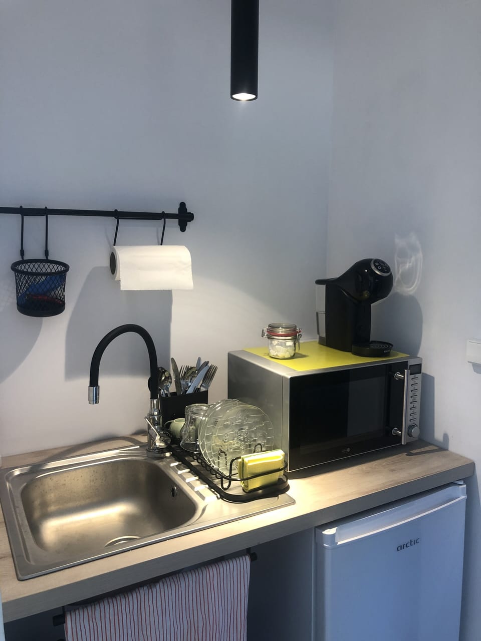 Kitchenette with refrigerator, microwave and coffee machine
