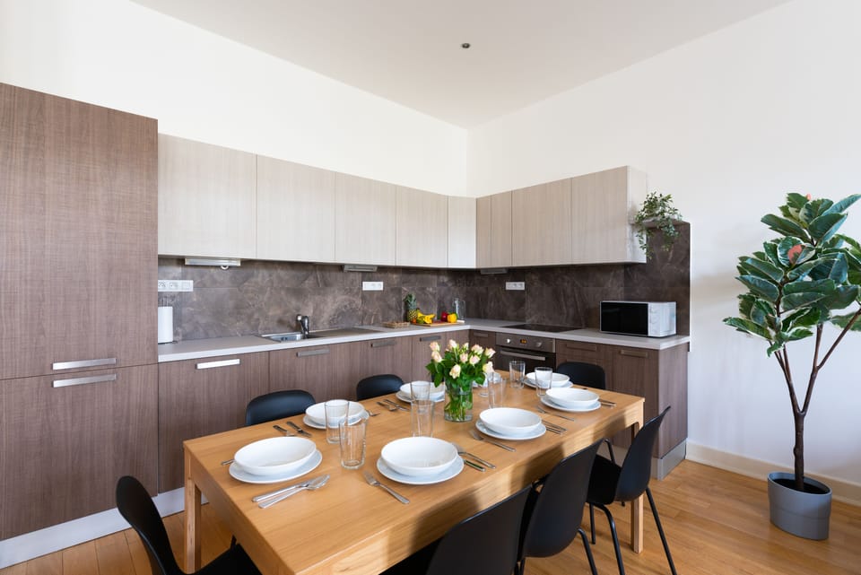Apartment | Private kitchen | Full-size fridge, microwave, oven, stovetop