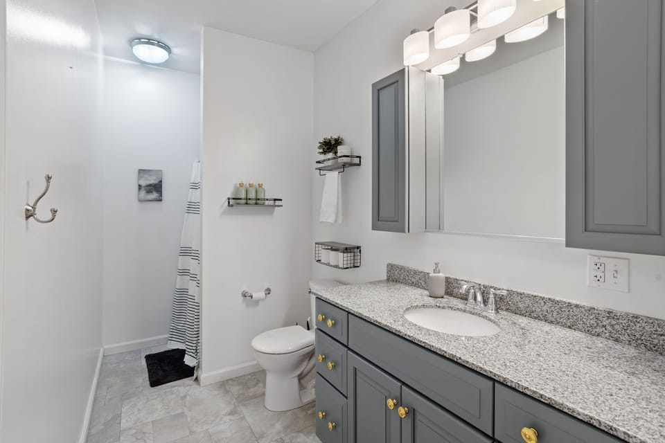 Full bathroom #1: A space where functionality meets elegance. This well-appointed room features a toilet, a sleek vanity cabinet sink, and a generously sized mirror.