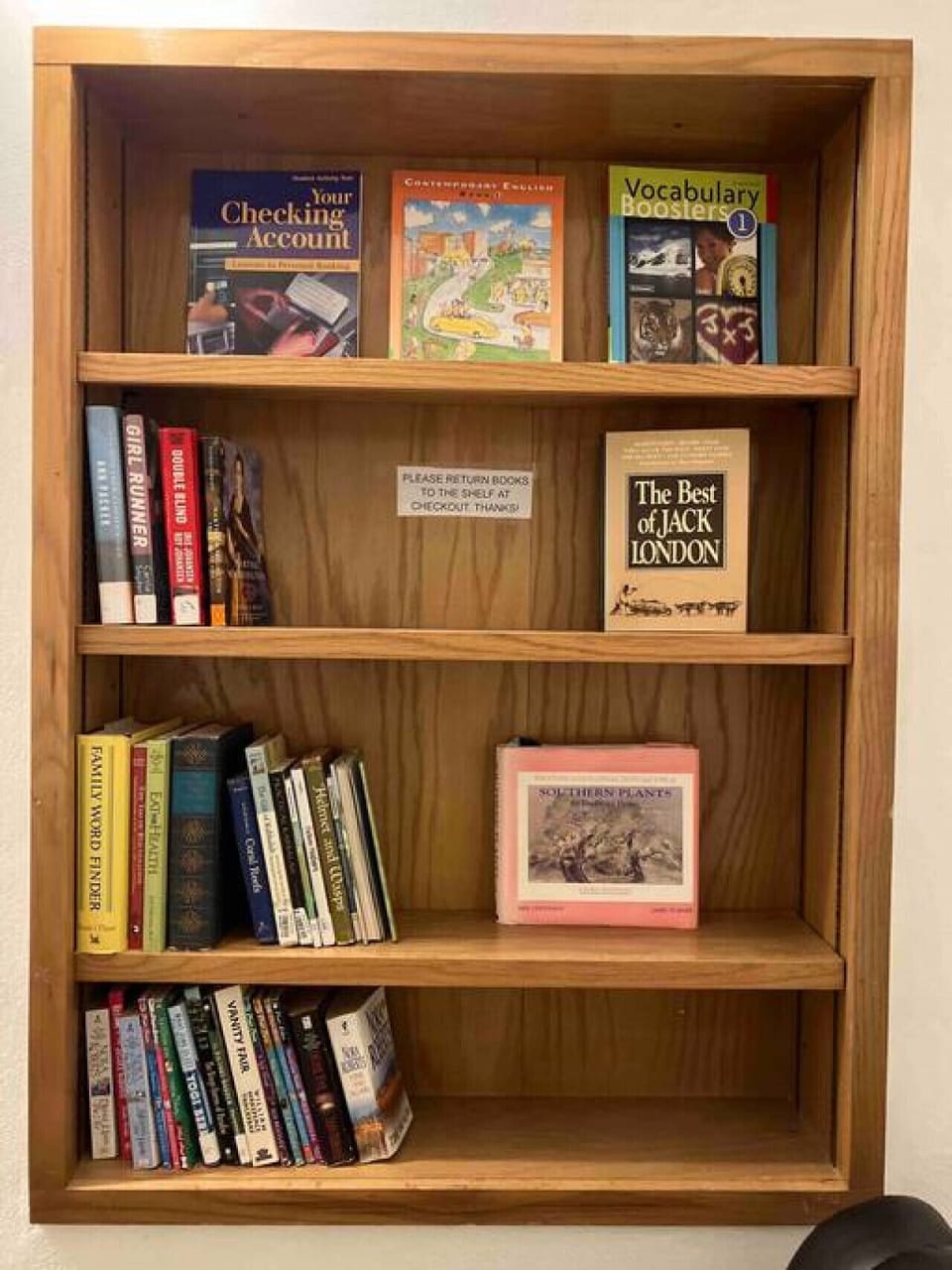 Books for adults and kids in the workroom to read while staying there. Please return books before you leave. Thanks!