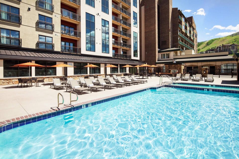 Sparkling, heated swimming pool.