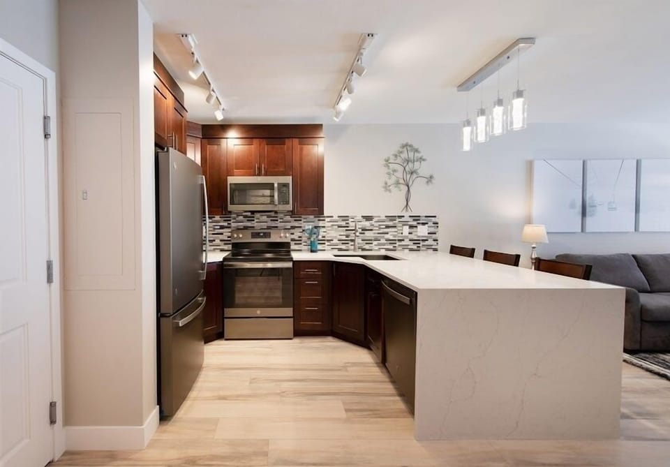 Indoors, Kitchen, Refrigerator, Microwave, Chair