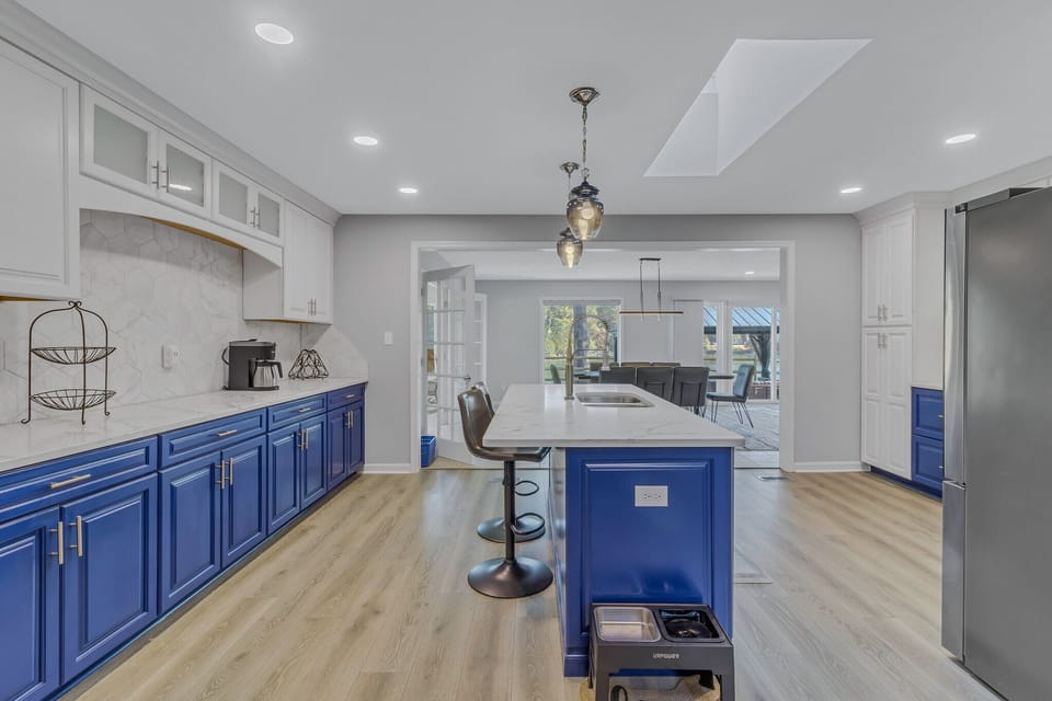 Large kitchen with items for family entertaining.