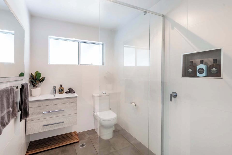 Captain's Haven - Yamba pet-friendly accommodation - Family modern bathroom with shower, basin & toilet