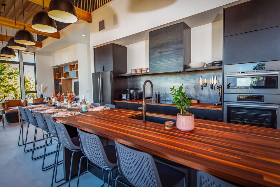 Open layout with kitchen, dining and living room