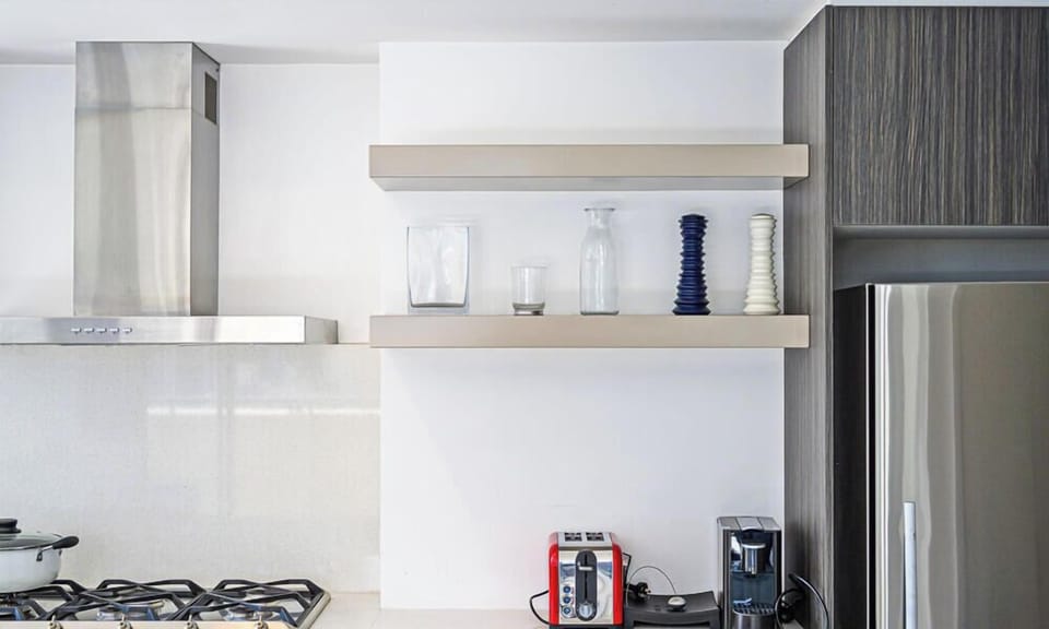 Kitchen close-up showing cooktop, rangehood, shelving, and small appliances.