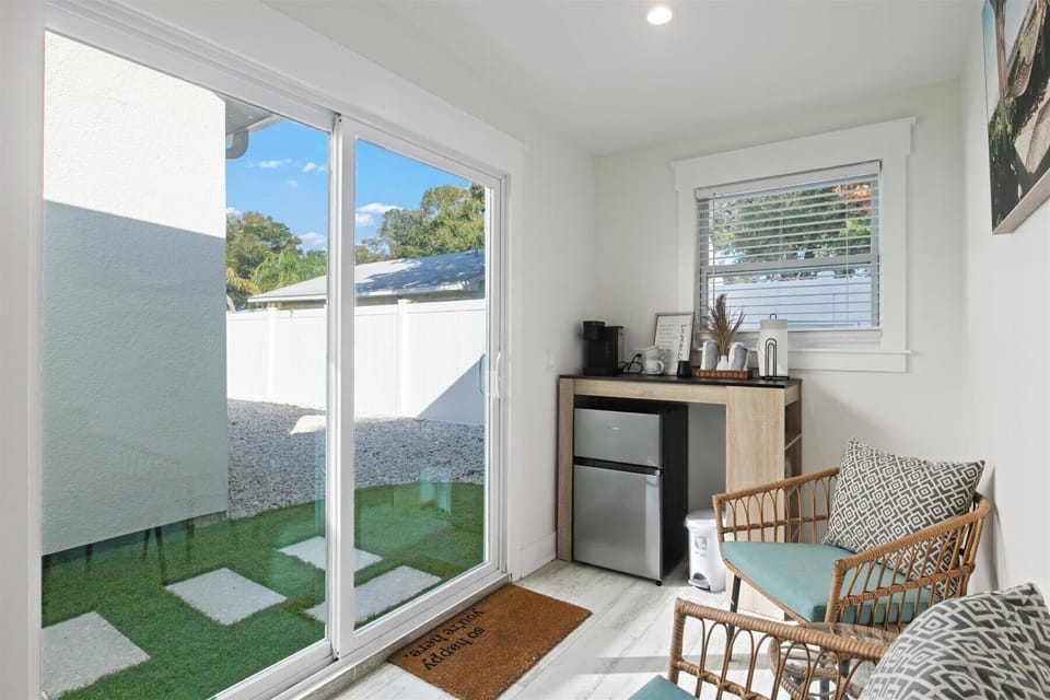 Step inside the guest house. Coffee bar, mini fridge, and a sitting room that makes it feel like a second home, because it is.