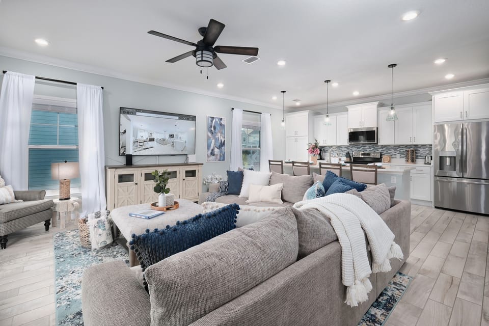 Cozy up on the large sofa and enjoy streaming from large smart TV