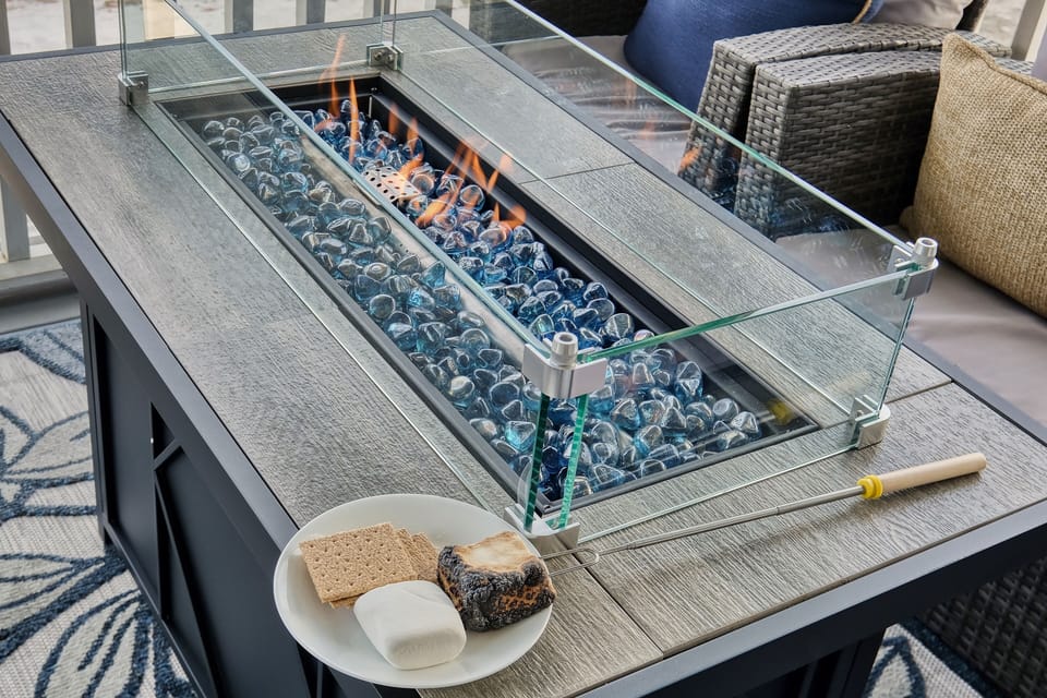 Upscale gas fire pit for cozy conversation in cooler evenings