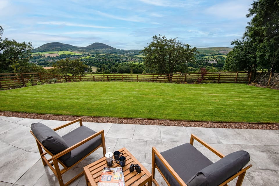 The Sheep Fold - outdoor steading on the patio with views towards the Eildon Hills