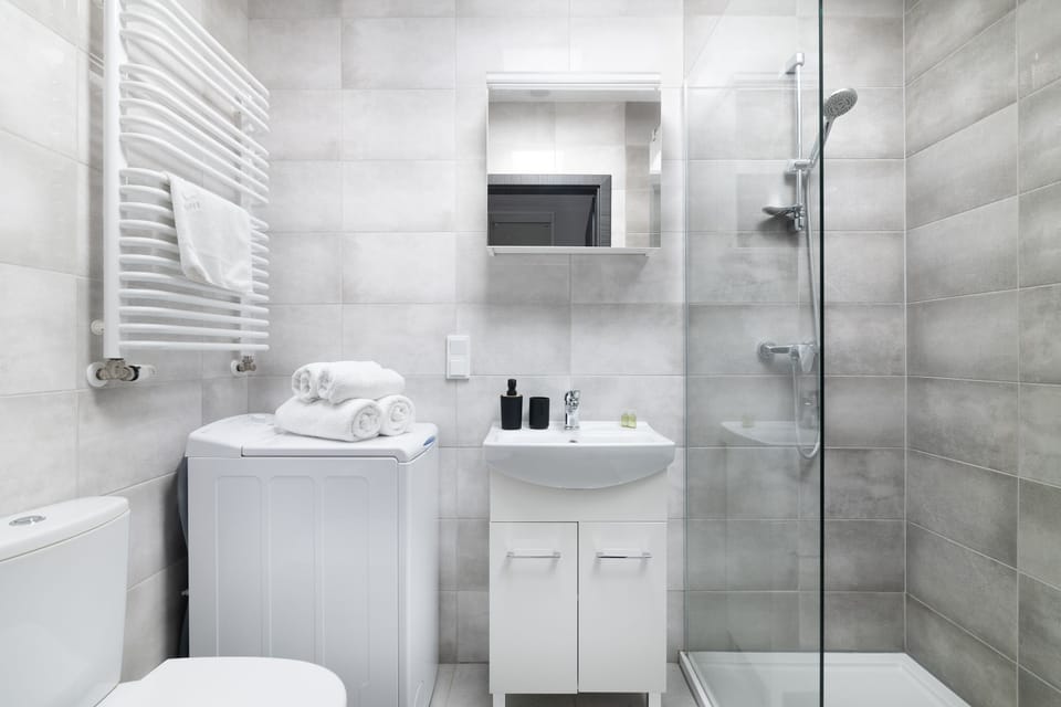 Design Apartment | Bathroom | Shower, hair dryer, towels, toilet paper