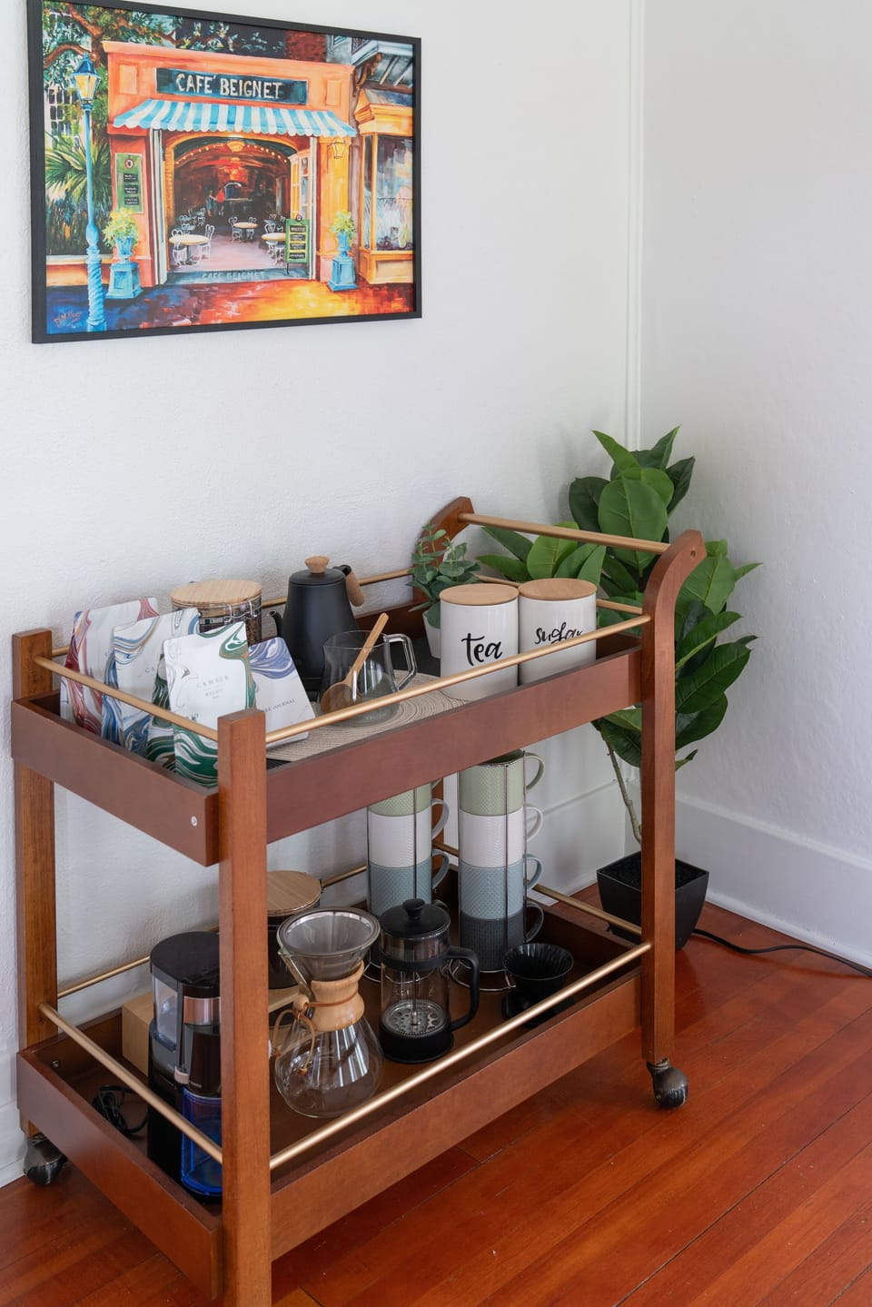 Gourmet coffee cart: Chemex maker, grinder, gooseneck kettle for perfect brews
