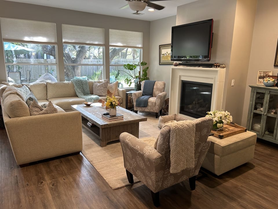 Family Room w/gas fireplace and TV and Amazon power stick.