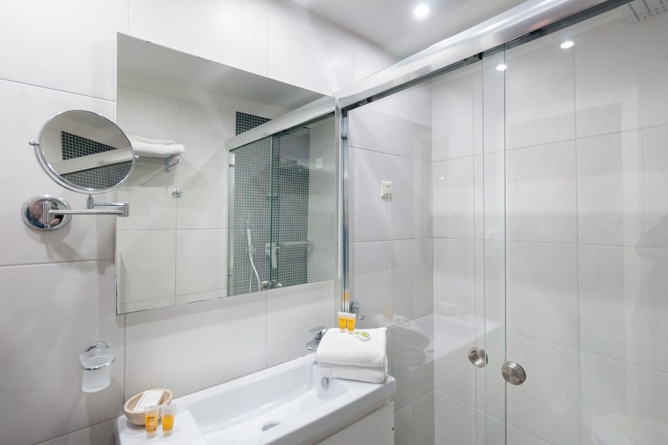Shower, hydromassage showerhead, free toiletries, hair dryer