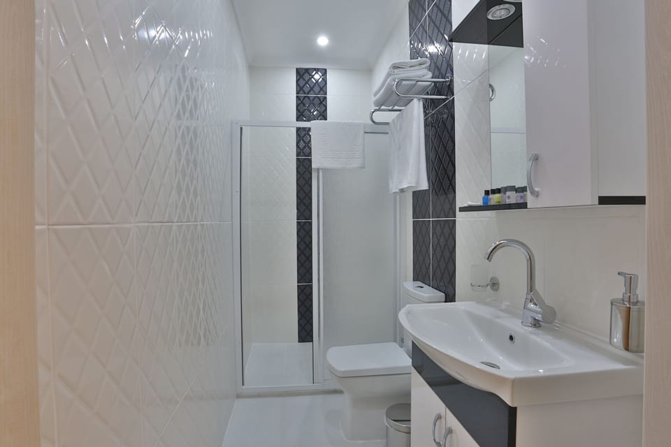 Shower, rainfall showerhead, eco-friendly toiletries, hair dryer