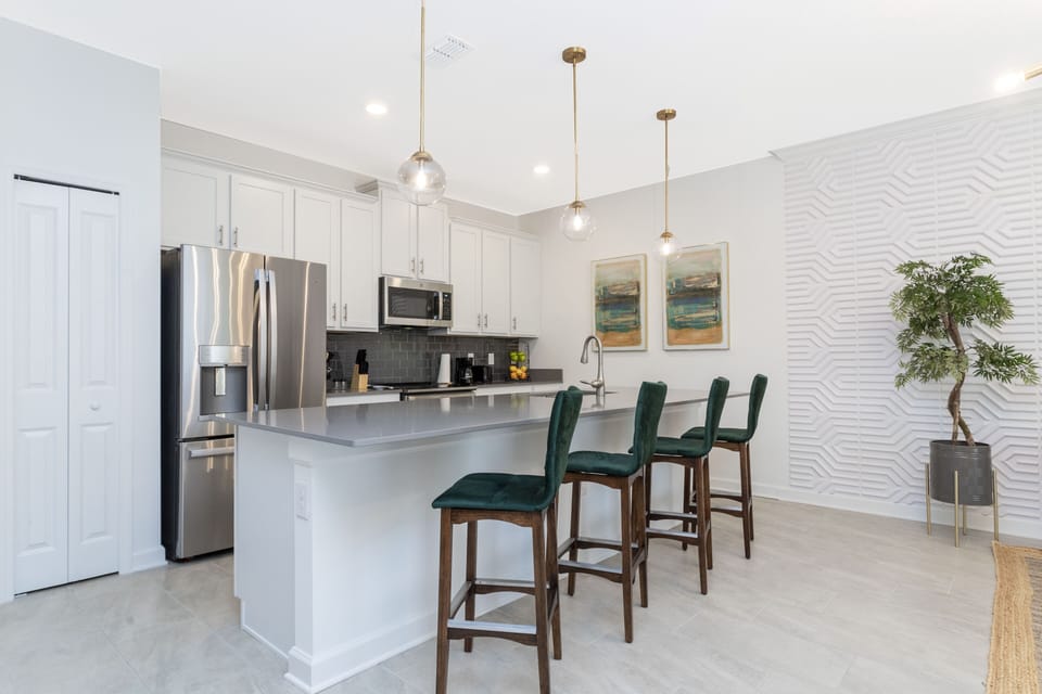 Island counter and high-top stool seating