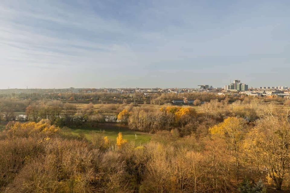 A scenic window view overlooking a landscape of autumn trees and distant buildings.

