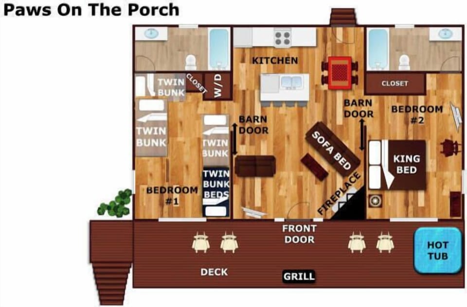 This floor plan shows a spacious, two-bedroom cabin with bunk rooms, a full kitchen, dining area, and a deck with hot tub and grill for outdoor enjoyment.