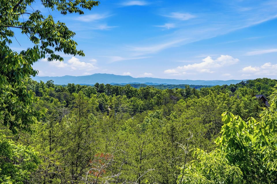 A scenic mountain vista framed by lush forested hills under bright blue skies, showcasing the property's peaceful natural surroundings.