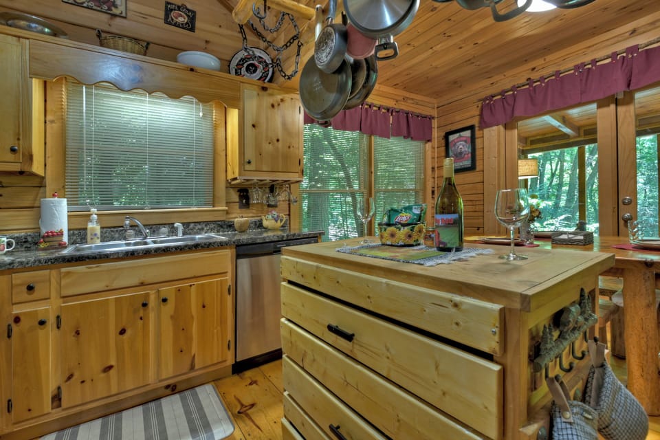 Updated appliances and cute little island area at this luxury North Georgia Mountain cabin rental