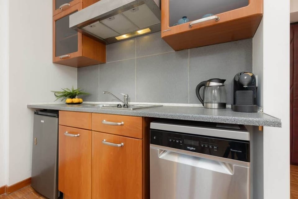 A closer look at the kitchen area with wooden cabinets, a stainless steel dishwasher, and modern appliances.

