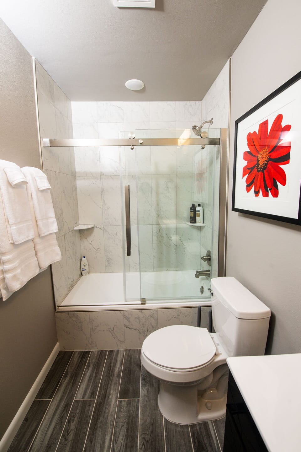 Full bath with tub and shower upstairs.  Shampoo, conditioner, and body wash provided..